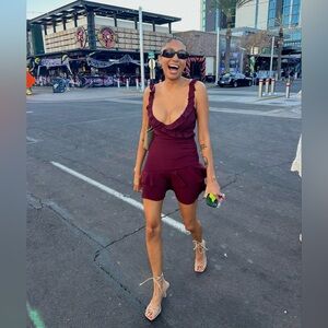 Burgundy Ruffled Sleeveless Romper